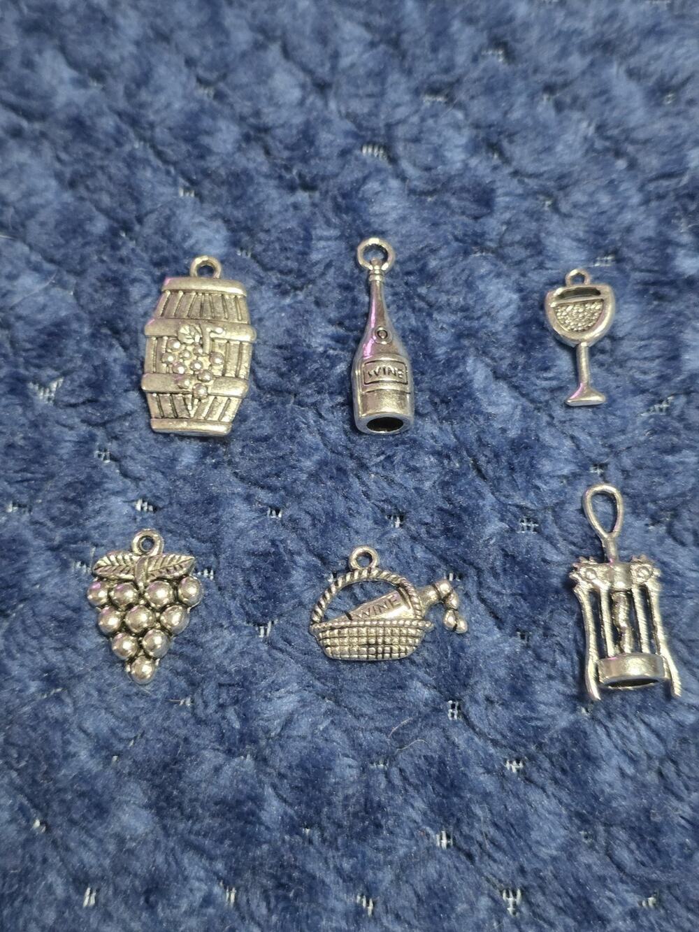 6 Vintage Antique Silver Wine Charms Bottle Glass Barrel Grape Basket...